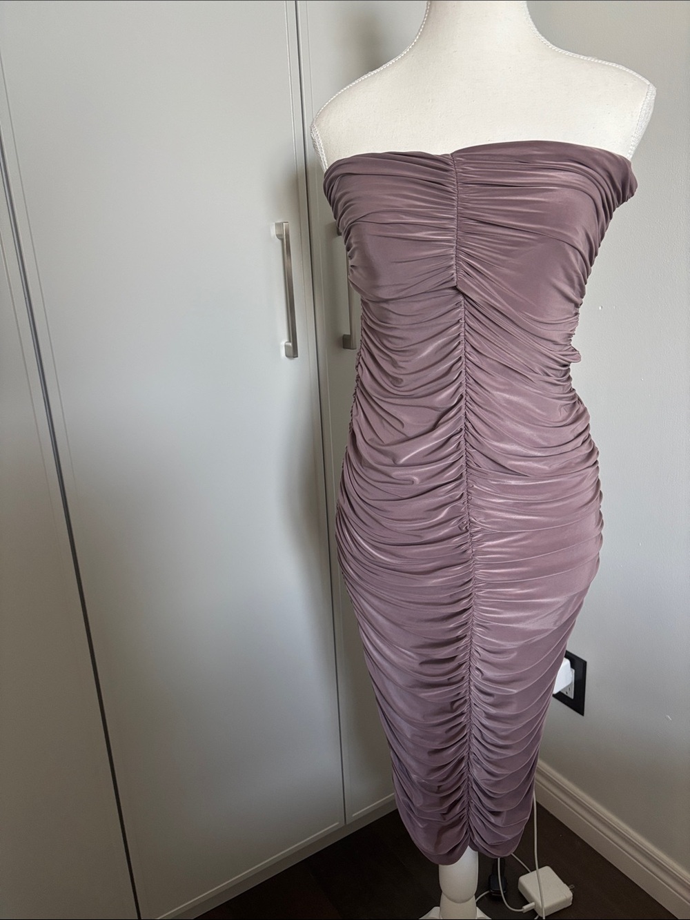 Club L London Strapless Ruched Midi Dress in Mauve